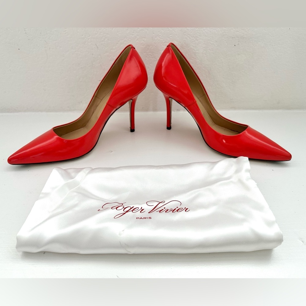 FIRM PRICE ROGER VIVIER Classic 3.5” Pointed-Toe Red Patent Leather Pumps, 36
